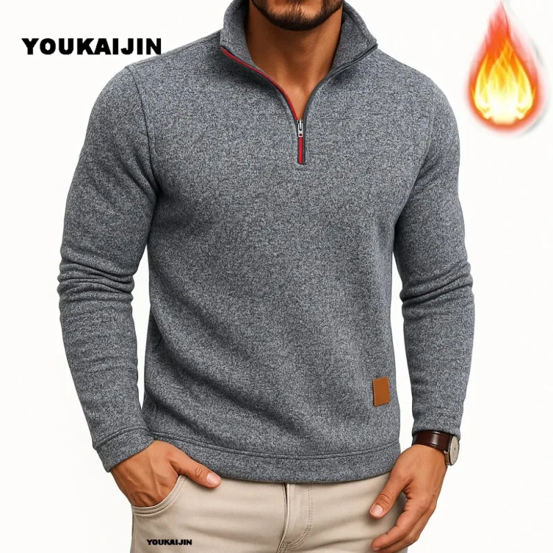 Sudaderas para hombre, jersey más grueso de primavera, jersey con cremallera de un cuarto para hombre, Sudadera con capucha para exteriores, sudadera de otoño, cuello alto de Color sólido — image 10