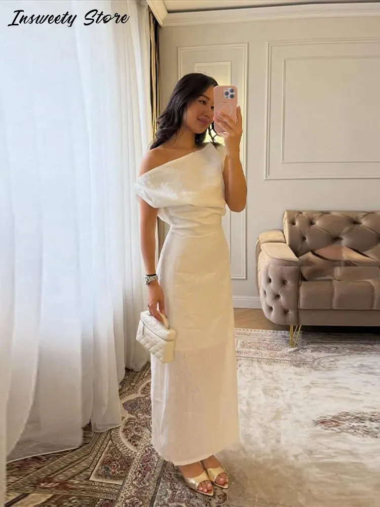 Gaun Pepejal Satu Bahu yang Elegan Gaun Pinggang-cinching Sisi Sebelah Buku lali 2026 Musim Panas Baru Wanita Kasual Jubah Selesa — image 7