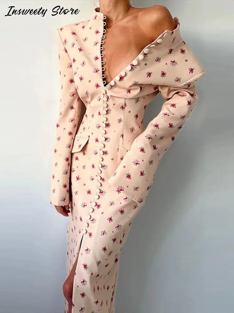 Robe Maxi fendue imprimée élégante pour femmes, Slim avec épaulettes, simple boutonnage, manches longues, nouvelle collection été 2026 — image 2