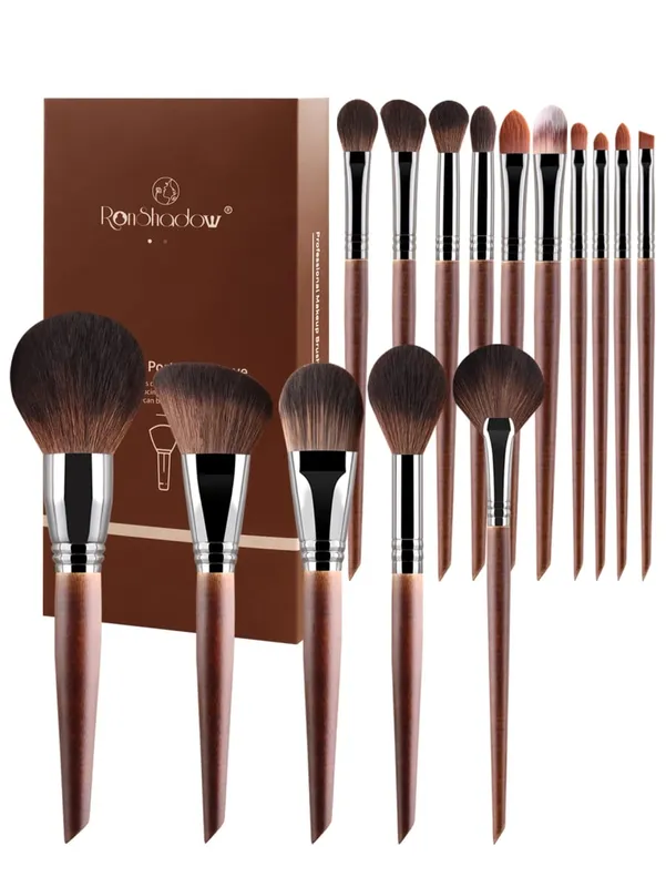 Pennelli per trucco con manico in legno da 15 pezzi con confezione regalo Set di strumenti cosmetici per contorno occhi, fondotinta in capelli sintetici morbidi, fard e ombretto
