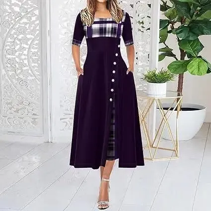 ผู้หญิงไม่สม่ำเสมอ Lattice Patchwork ชุดเดรสยาวปุ่มวินเทจ O คอครึ่งแขน Casual Lady เดินทางชุดแฟชั่น — image 8
