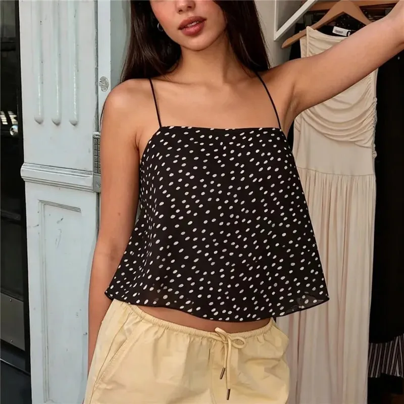 ผู้หญิง Polka Dot ชีฟอง Cami Top สปาเก็ตตี้ Crisscross Tie Backless ไม่สมมาตร Hanky Hem Cropped Camisole ฤดูร้อน Tank Top — image 5