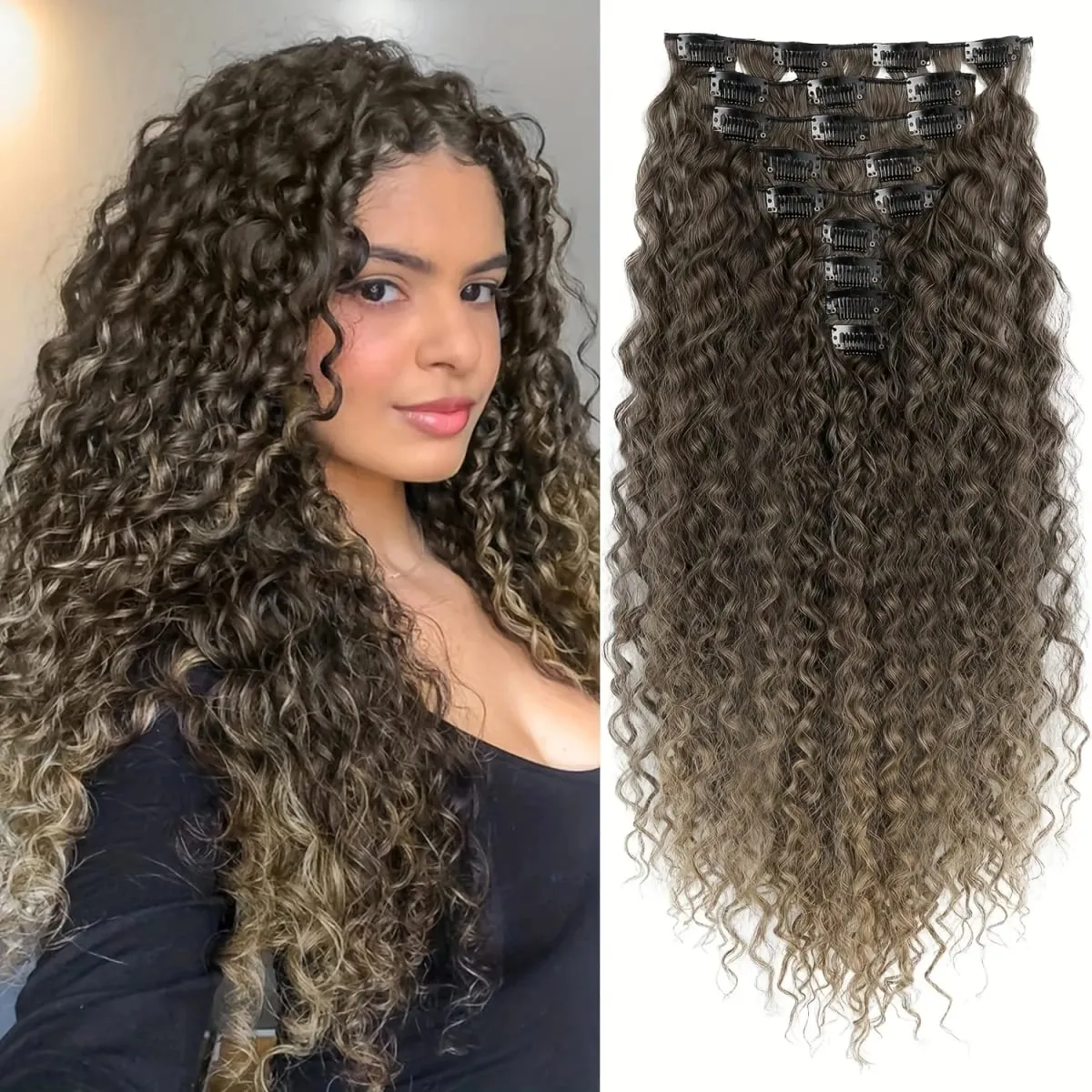 9PCS ที่ยอดเยี่ยม Handstitching คลิปในส่วนขยายของผม 22 นิ้ว CURLY Hair EXTENSION ยาวนุ่มสังเคราะห์ Hairpieces สำหรับผู้หญิง — image 13