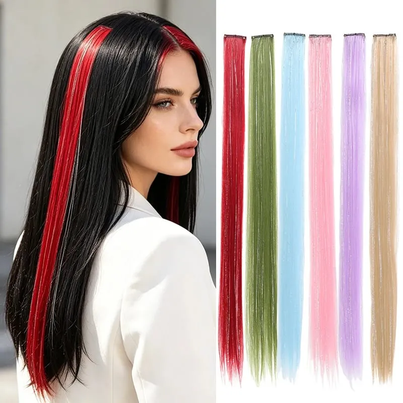 Clip BB nelle estensioni dei capelli sintetici con fili d'argento laser Pezzi di capelli colorati lucenti per l'uso quotidiano delle feste Nessun danno — image 2