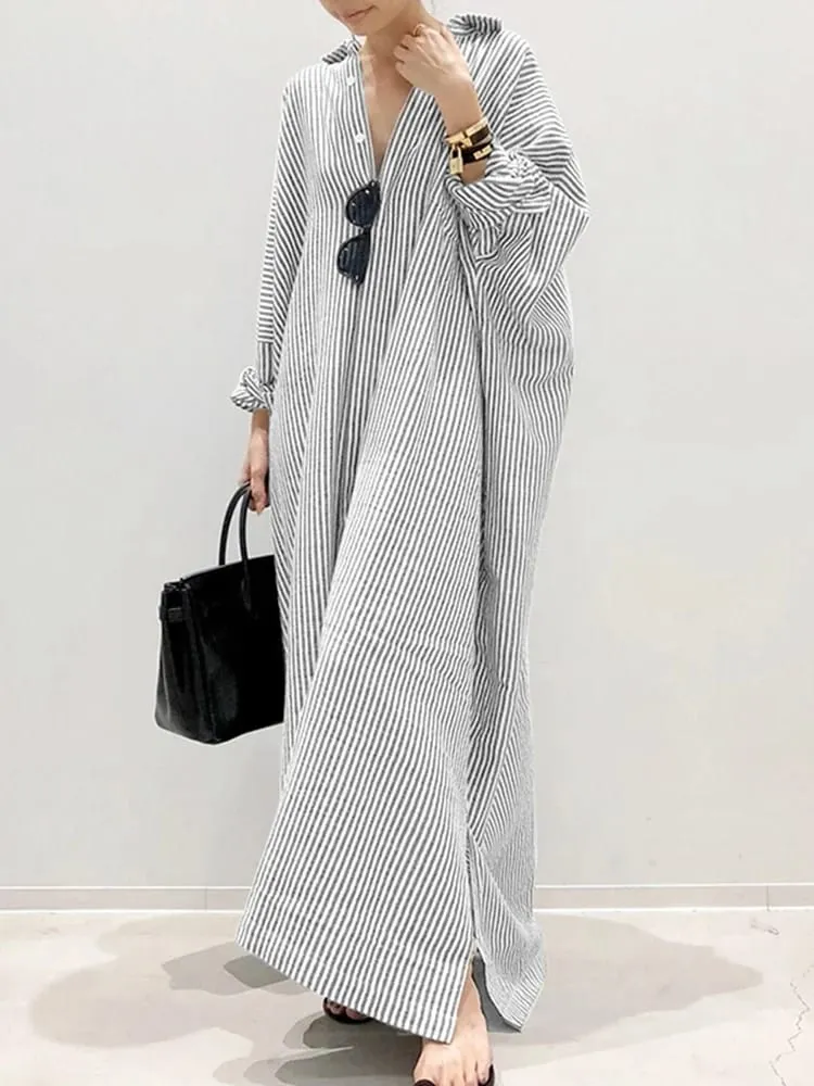 ZANZEA Gaun Sundress Pesta Pantai Motif Garis 2025 Gaun Kerah Lengan Panjang Wanita Bohemian Musim Semi Musim Gugur Gaun Kerah Longgar Kasual Mode — image 4