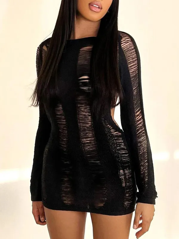 Puloru Sexy Knitted Cutout Short Dress 2022 Spring Summer Backless Long Sleeve Round Neck Wrapped Mini Dresses Streetwear Solid — image 8