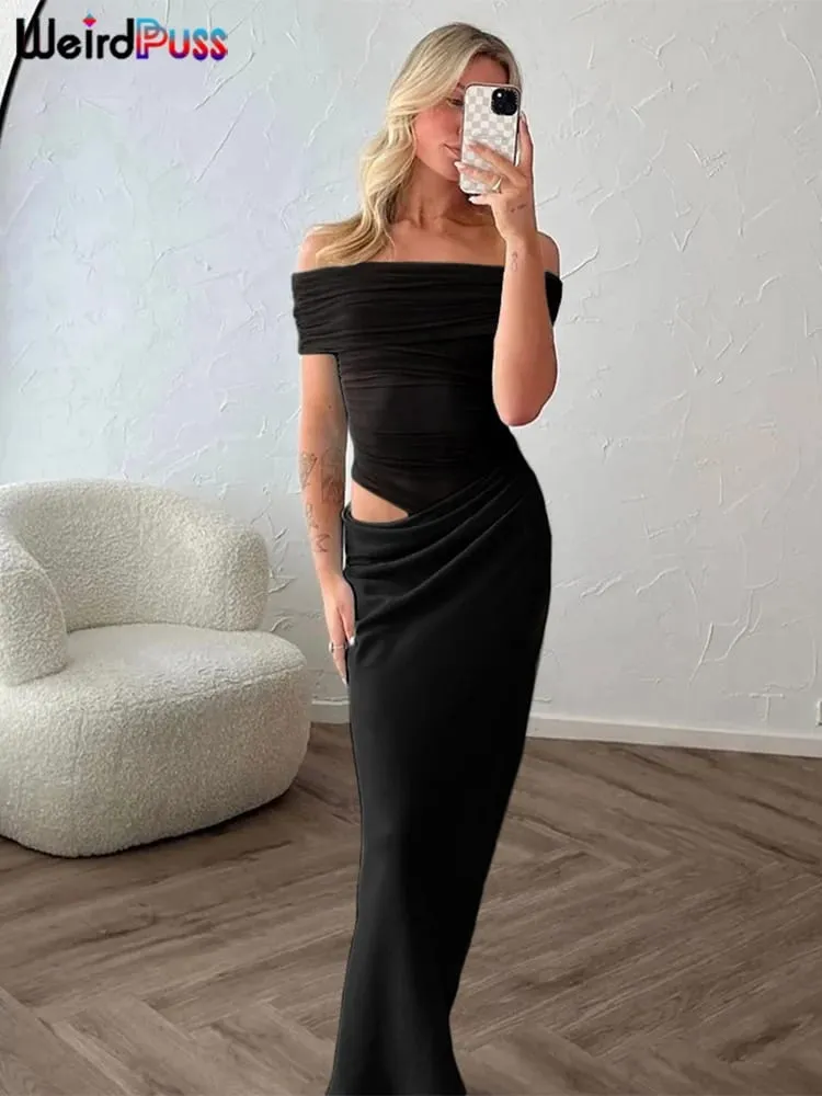 Weird Puss-vestido Irregular fruncido para mujer, vestido ceñido largo elegante de malla con retales y cuello oblicuo, manga corta, ajustado, elástico, tendencia elegante — image 2