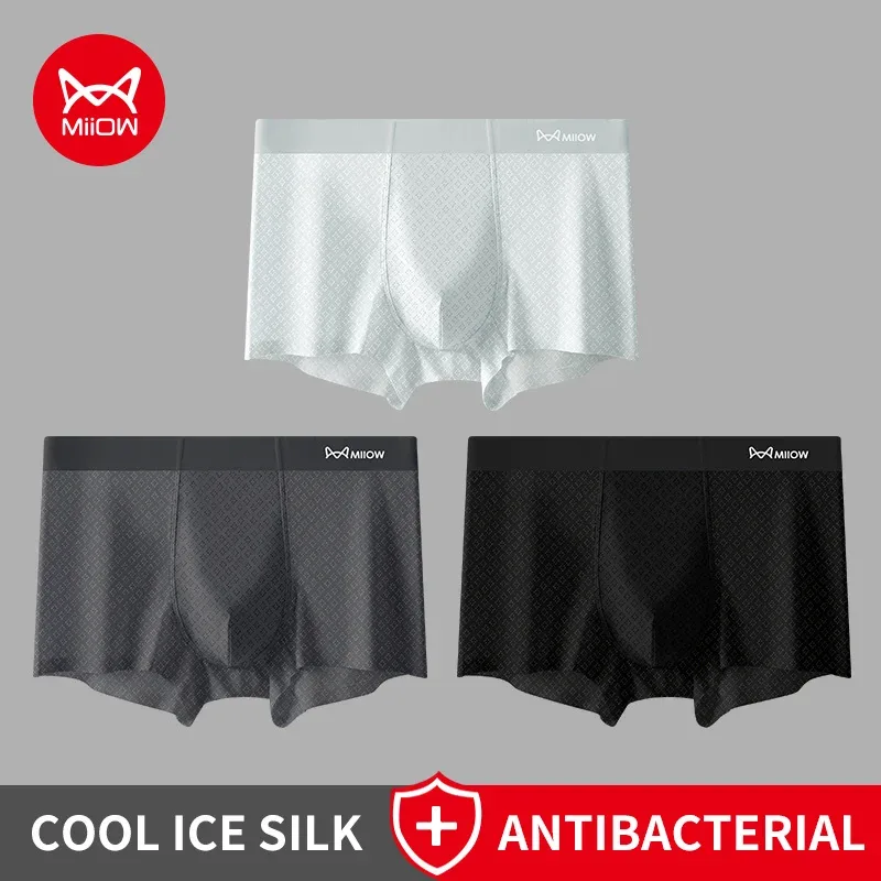 MiiOW 3Pcs Ice Silk Men's Underwear Boxers 7A Antibacterial Men Panties Breathable Mesh Mens Underpants Summer Man Boxer Briefs