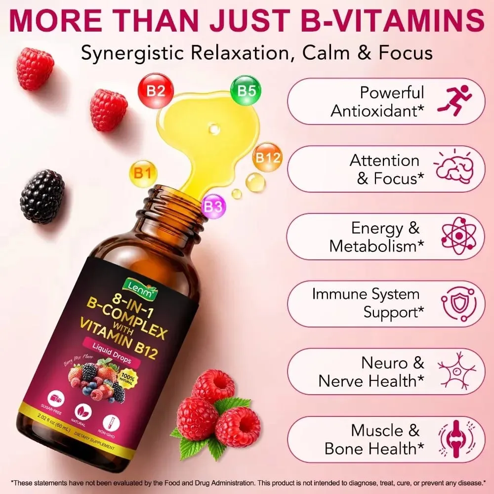 Lenm B Kompleks Sıvı Damlaları 8'i 1 arada B12 ile 2000mcg B1 B2 B3 B5 B6 B7 Enerji ve Metabolizma Desteği için Folat Şekersiz 60ML — image 3