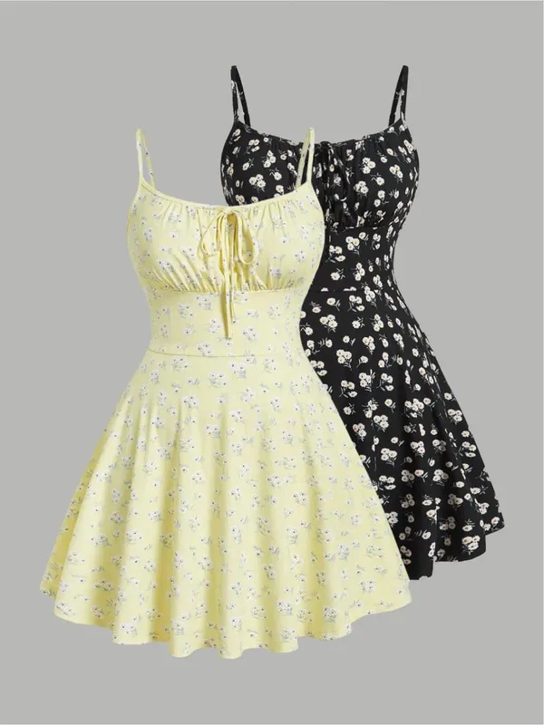 Abito quotidiano con stampa floreale colorata di nuova moda, elegante cinturino senza maniche, tinta unita, set in due pezzi — image 1