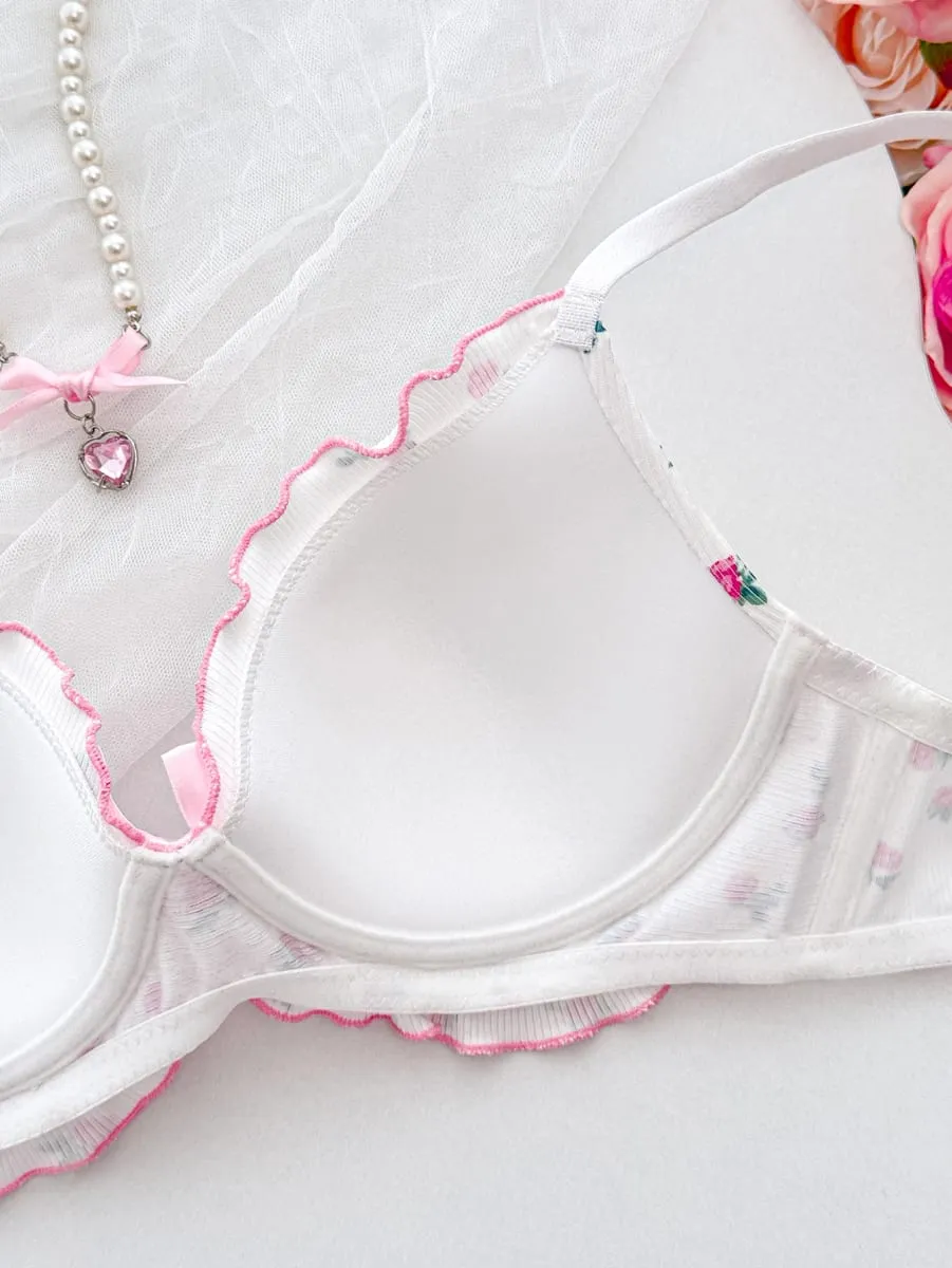 รูปแบบดอกไม้น่ารักชุดชั้นในสตรีชุดสไตล์ Bow Ribbed Bra นุ่มกางเกงสุภาพสตรี Ruffled Trim A B C D ถ้วยผู้หญิง Bra — image 4