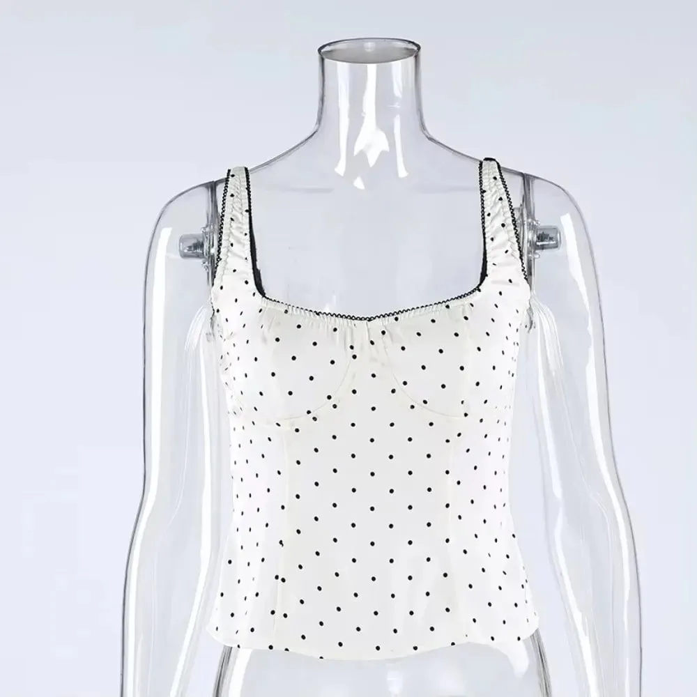 Street Chic สปาเก็ตตี้ Polka Dot Tank Top สแควร์คอ Slim Cropped แขนกุดผ้าไหมเสื้อกั๊ก Off-ไหล่ลูกไม้ Camis หญิง — image 4