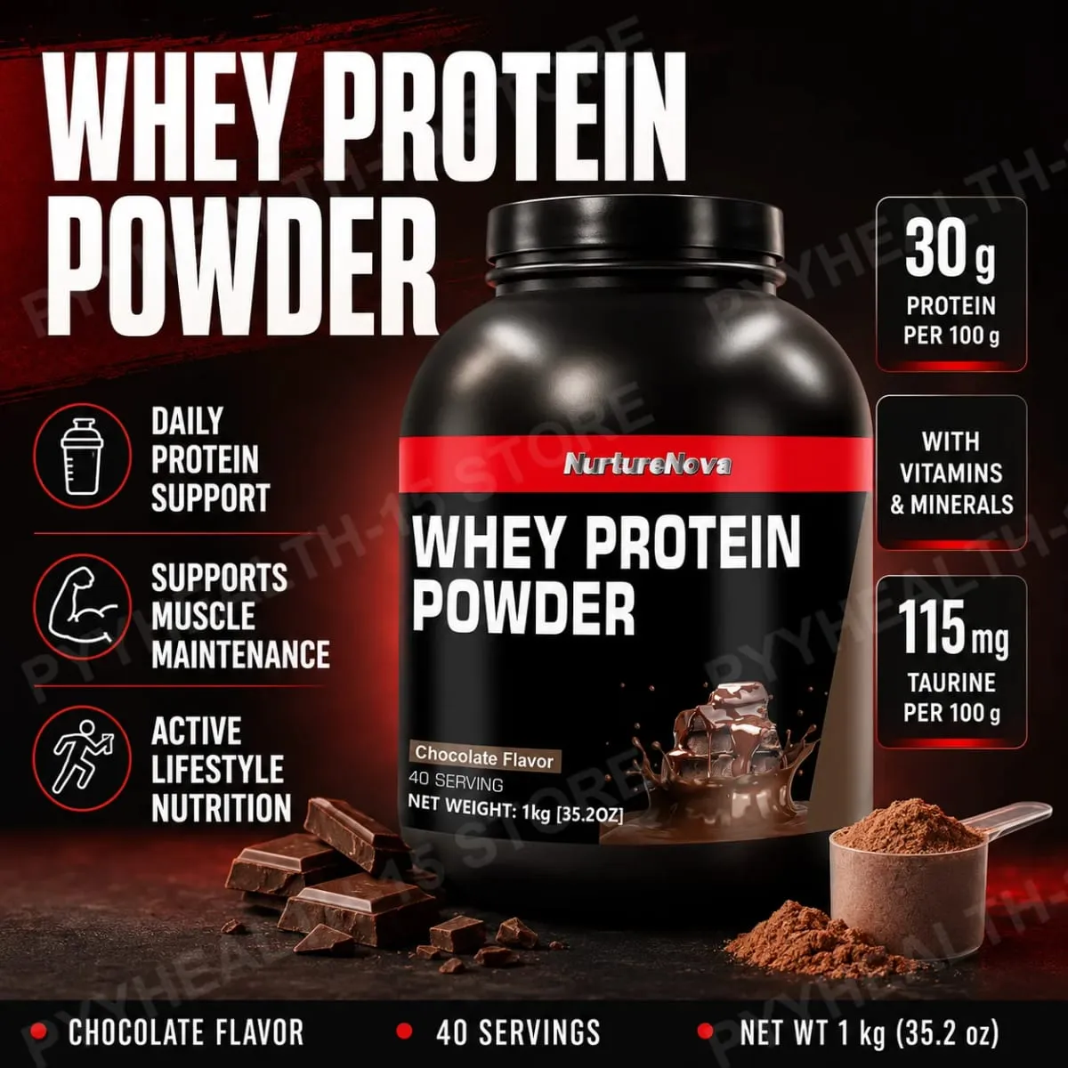 NurtureNova Chocolate Whey Protein Powder with Vitamins Minerals Taurine for Muscle Maintenance Recovery Support 1kg 40 Servings — image 2