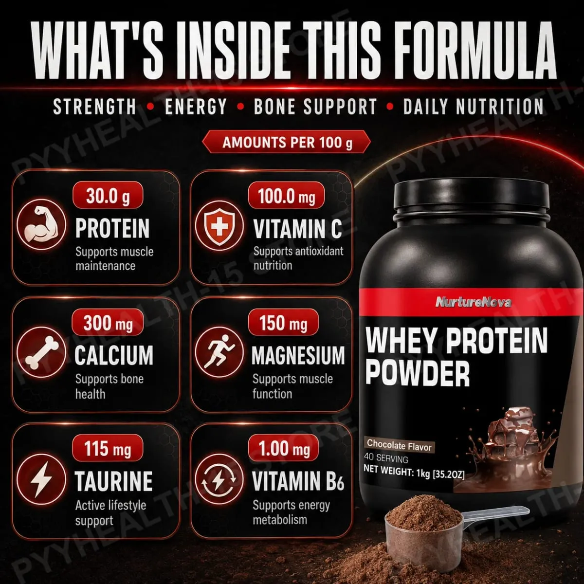 NurtureNova Chocolate Whey Protein Powder with Vitamins Minerals Taurine for Muscle Maintenance Recovery Support 1kg 40 Servings — image 4