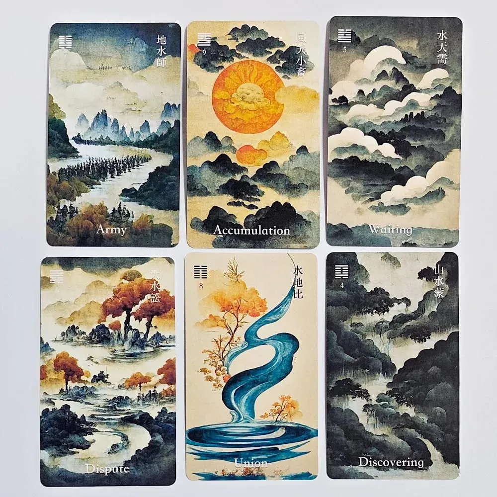 64 카드 I-Ching 오라클 데크 영적 안내 및 명상을위한 전통적인 잉크 아트 스타일 중국 점술 도구 10.3*6cm