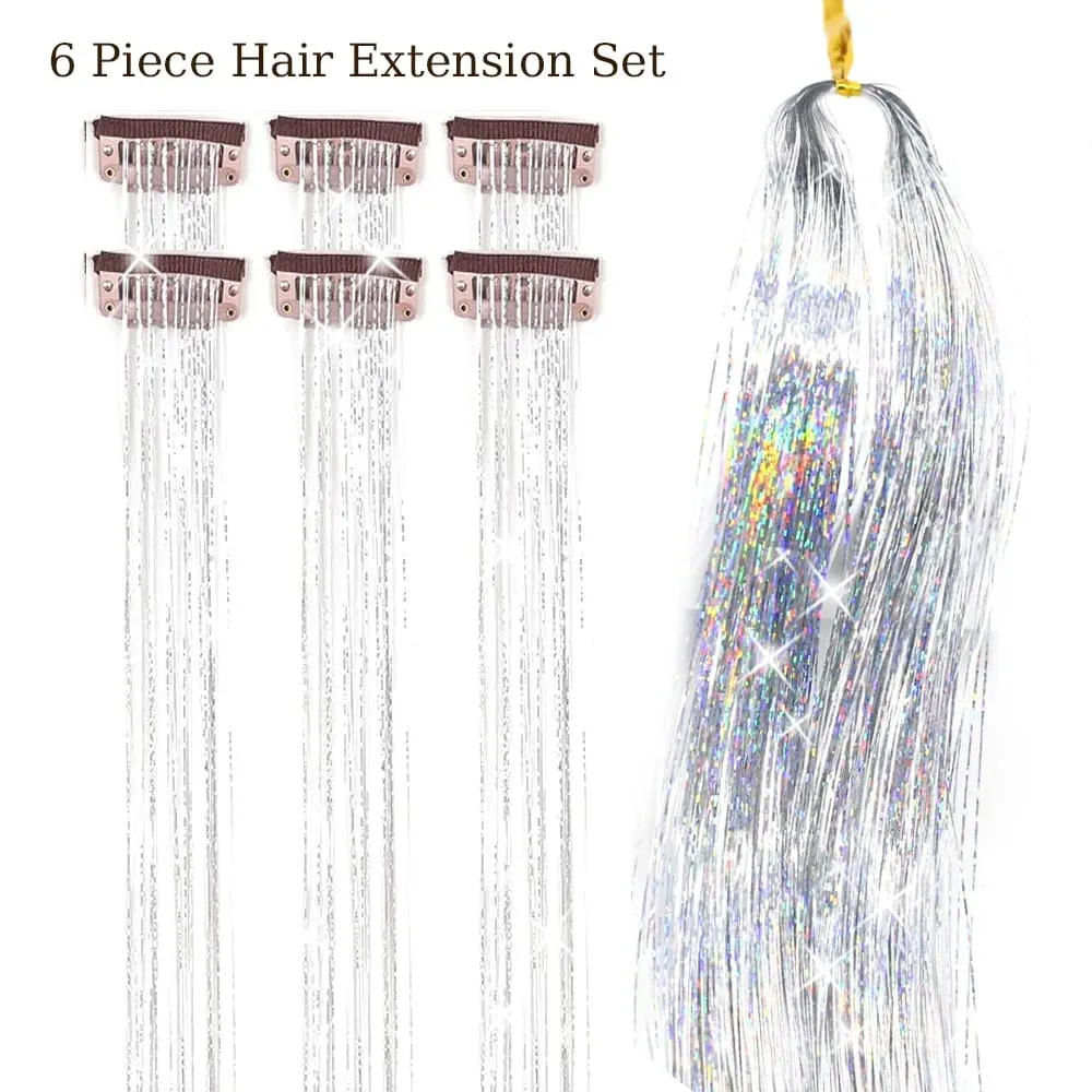 Hair Tinsel Pack Of 6Pcs Clip In Hair Tinsel 20Inch Colorful Glitter Tinsel Hair Extensions Festival Gift Tinsel Fairy Hairpiece — image 16