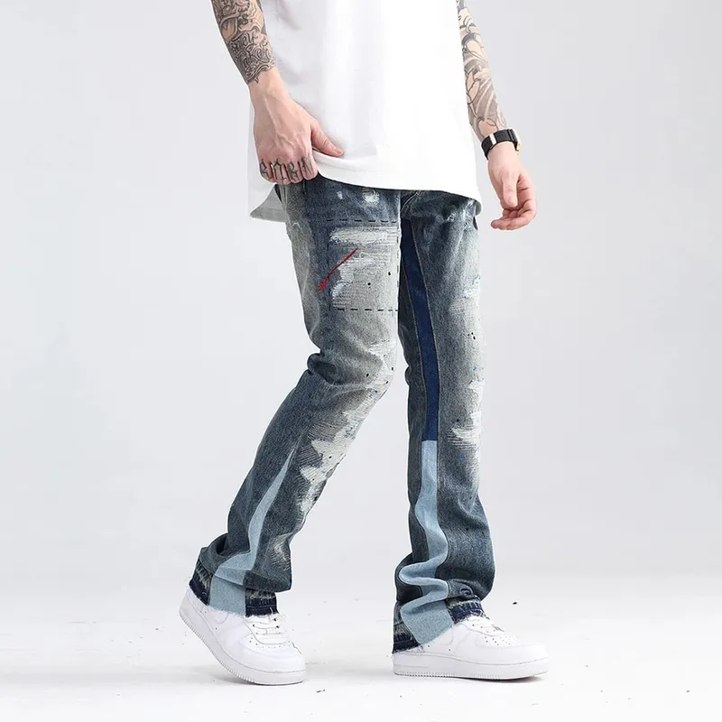 Blue Speckle Ink Washed Flared Jeans Slim Fit Hip Hop Graffiti Ripped Denim Pant Men Streetwear Vintage Wide Leg Jean Pants Y2k — image 6