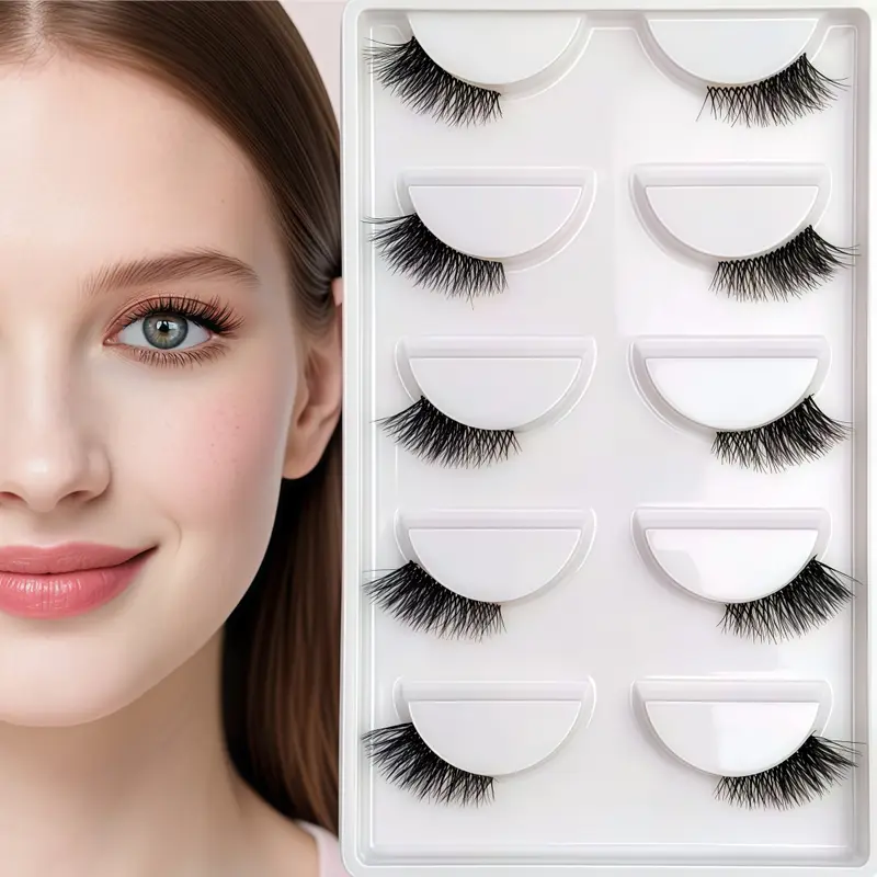 Umělé řasy Fox Eye & Cat Half Falešné řasy 5 párů Natural C/D Curl Transparent Band Lashes Měkký balíček řas pro začátečníky pro Stunn