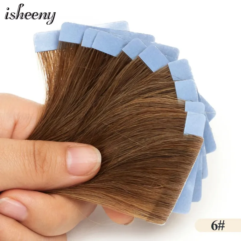 Isheeny Invisible Tape In Hair Extensions 12" 16" 20" Skin Weft Tape Ins 10 stk Naturlig Straight Machine Made Remy Human Hair — image 11