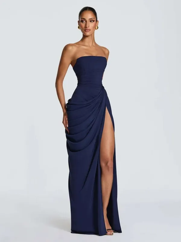 Botergeel Mesh Splicing Lange Jurk Elegante Strapless Split Backless Geplooide Jurken Voor Vrouwen 2026 Lady Avondfeest Jurken — image 8