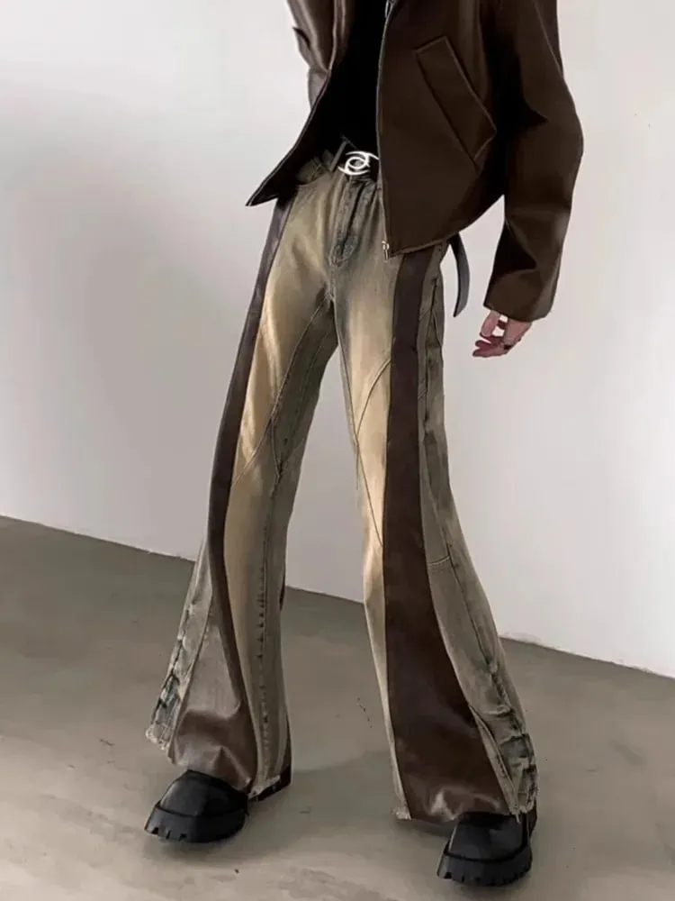 Trashy Y2K 2000S Pu skórzany patchworkowy wąskie dżinsy rozkloszowane spodnie dla mężczyzn 90S ubrania vintage Colorblock spodnie dżinsowe Moda Hombre — image 6