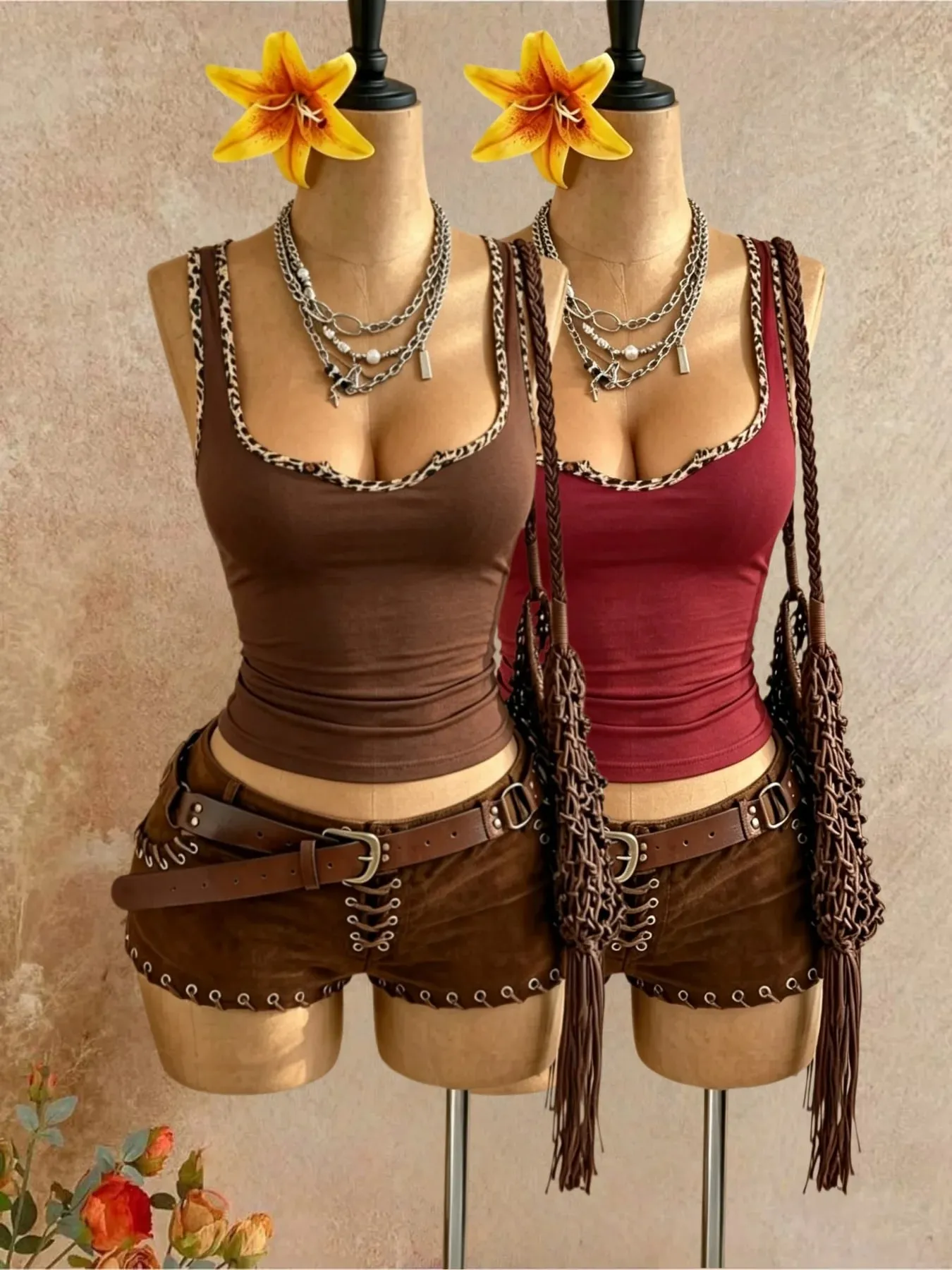 2 pezzi donna stampa leopardata con scollo a U senza maniche canotta tinta unita slim fit occidentale Y2K Cami gilet multicolore vino rosso nero — image 7
