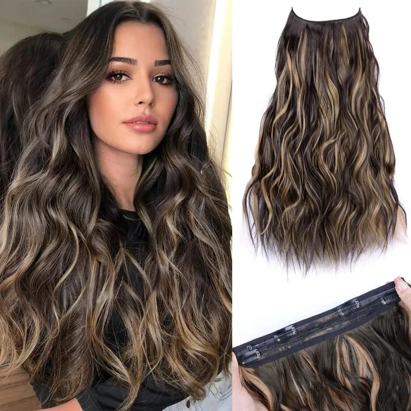 Extensions de cheveux synthétiques à fil Invisible, 4 Clips, ligne de poisson naturelle longue et ondulée, faux postiche une pièce pour femmes — image 9