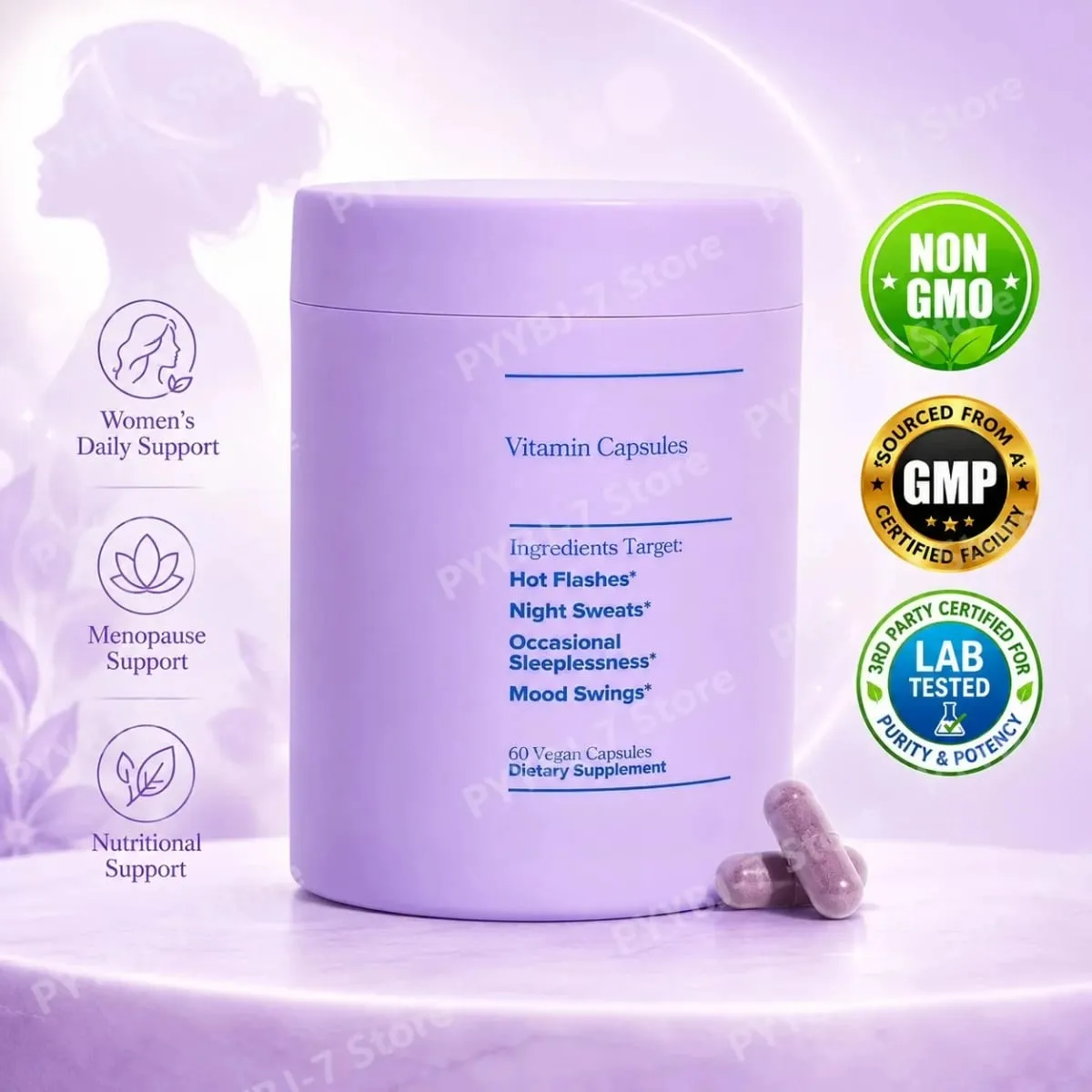 Vitamin Kompleks Wanita dengan Vitamin D3 B6 Penggunaan Menopaus Membantu Melegakan Peluh Malam Perubahan Mood Suplemen Makanan Kesihatan 60 Keping — image 2