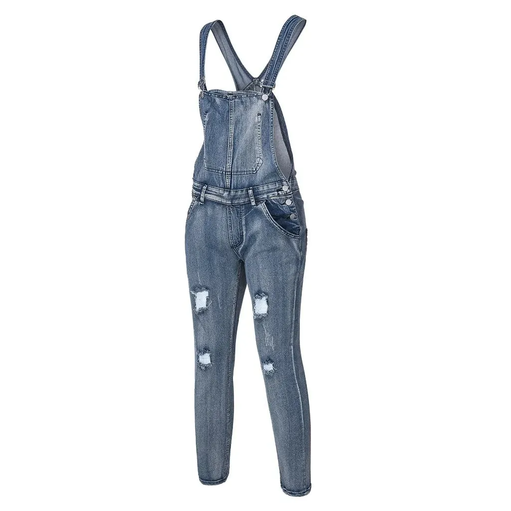 Salopette jeans da uomo Matita in denim lavato Lunghezza alla caviglia Tasche effetto consumato con foro in un pezzo Bretelle vintage strappate con impiombature casual — image 5