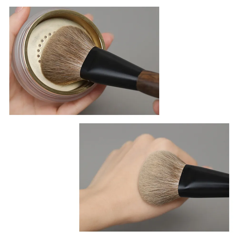T107 Professional Handmade Makeup Brushes Natural Goat Hair Flat Round Face Powder Brush Short Ebony Wood Handle Make Up Brush — image 4