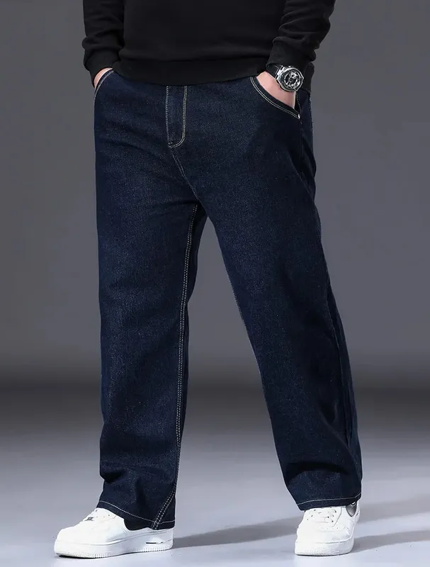 29-50 ขนาดผู้ชายยืดกางเกงยีนส์ขาตรงกางเกงยีนส์ขยายขนาดสีฟ้าสีดำStreetwear Relaxed Fitสำหรับทำงานสบายๆใหม่ — image 10