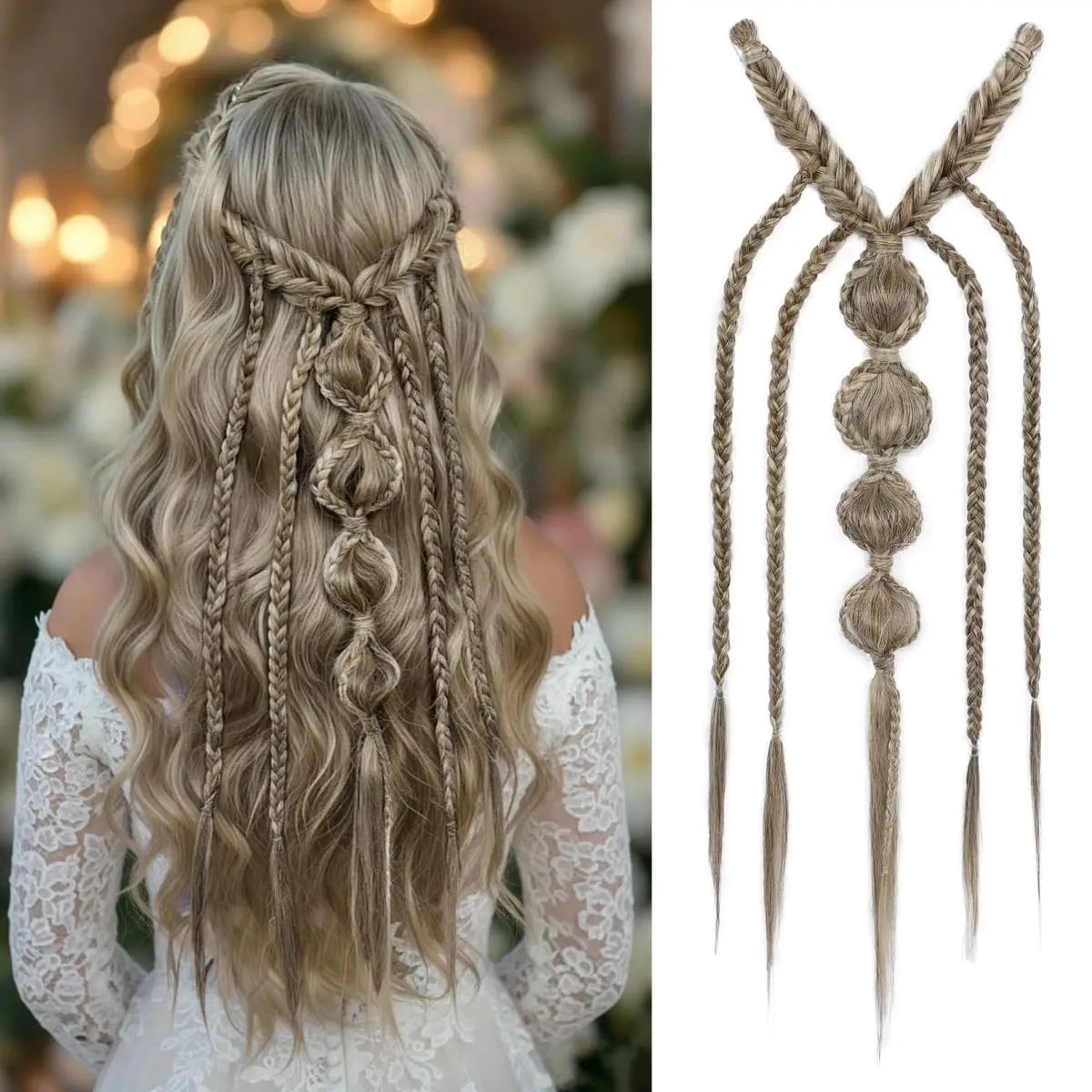 Synthetische Clip-in-Zopf-Haarverlängerungen – Boho-Festival-Prinzessin-Zopf-Haarverlängerung, Feen-Cosplay-Hochzeits-Haarteil für Frauen