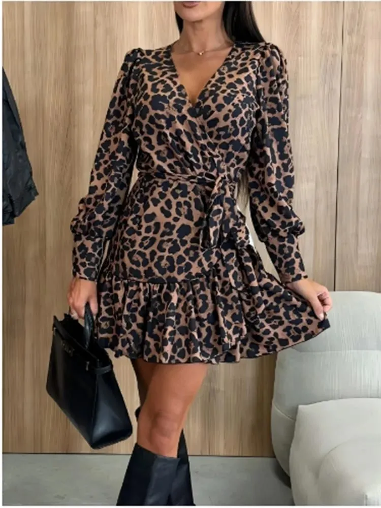 Women's Leopard Printed Dresses V-Neck Lace Up Bubble Long Sleeved Sexy Dress Elegant Dating Autumn Mini Dress — image 2