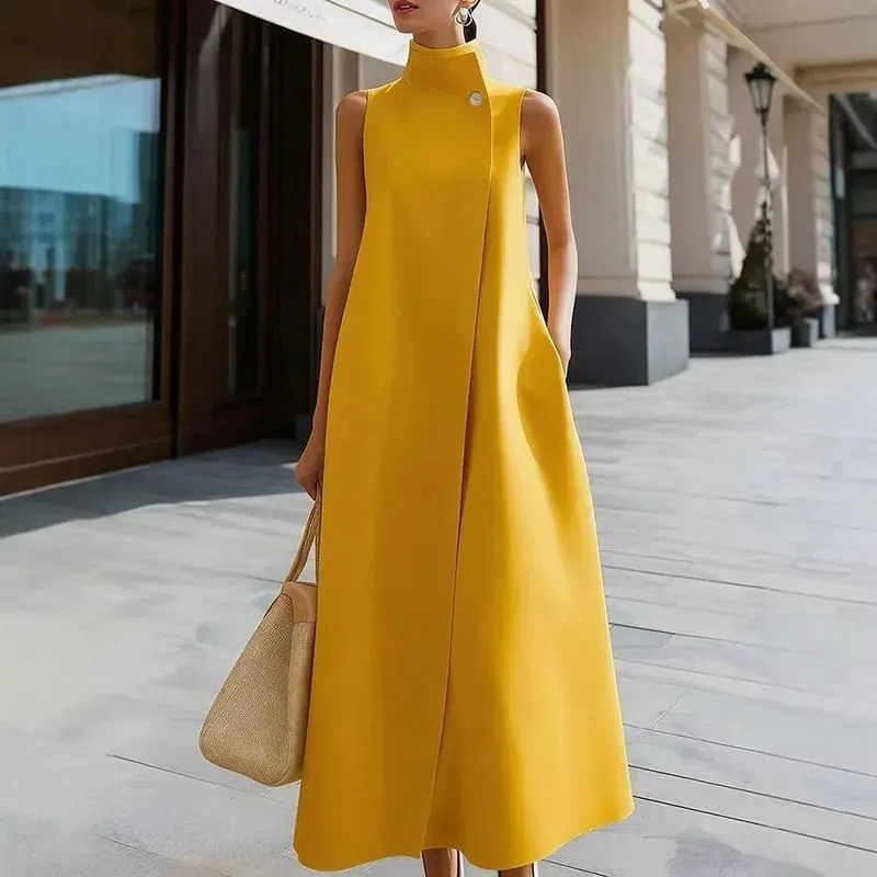 แฟชั่นที่เรียบง่ายปุ่มคอสูงชุด Maxi ผู้หญิงฤดูใบไม้ผลิกระเป๋า A-Line ชุดยาวฤดูร้อนแขนกุดชุดโบฮีเมียน — image 4