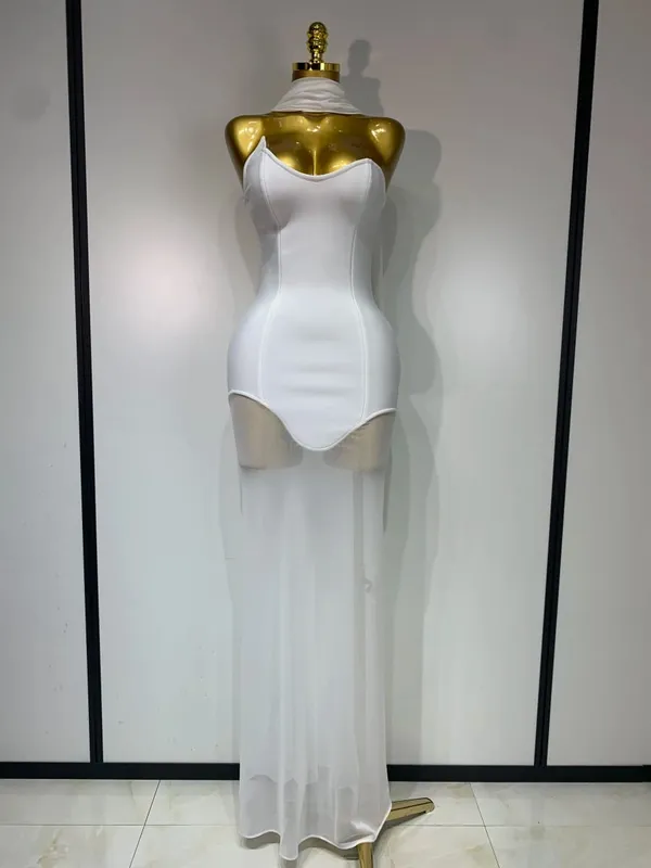 Seksowna długa bandażowa sukienka bez ramiączek czarna siateczkowa patchworkowa elegancka damska suknia wieczorowa bez ramiączek Bodycon sukienki urodzinowe — image 7