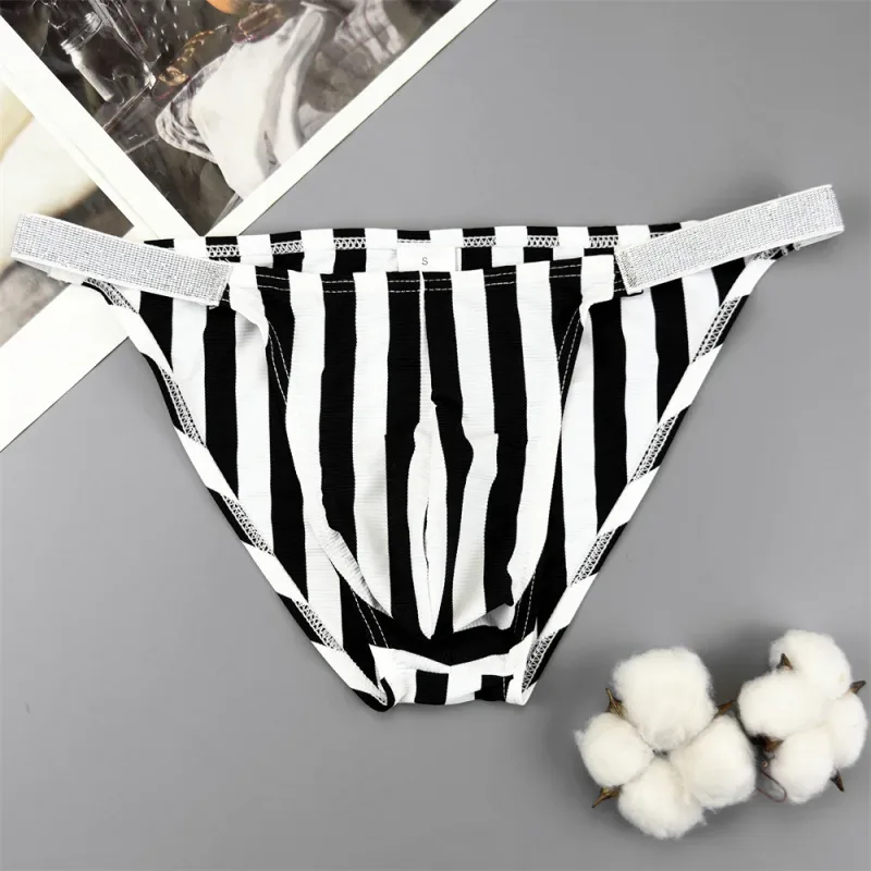 Male Striped Shiny Belt with Sexy High Fork Briefs Elastic and Comfortable Bulge Pouch Panties Quick-dry Low Waist Men Underwear