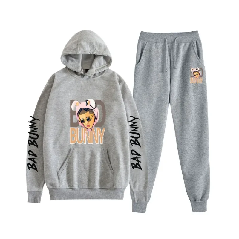 Harajuku Comfortable bad bunny Print Sweatshirt Sweatpants Suit Women's Hoodies+ Trousers Suit Boys/Girls 2 Piece Set Clothes — image 28