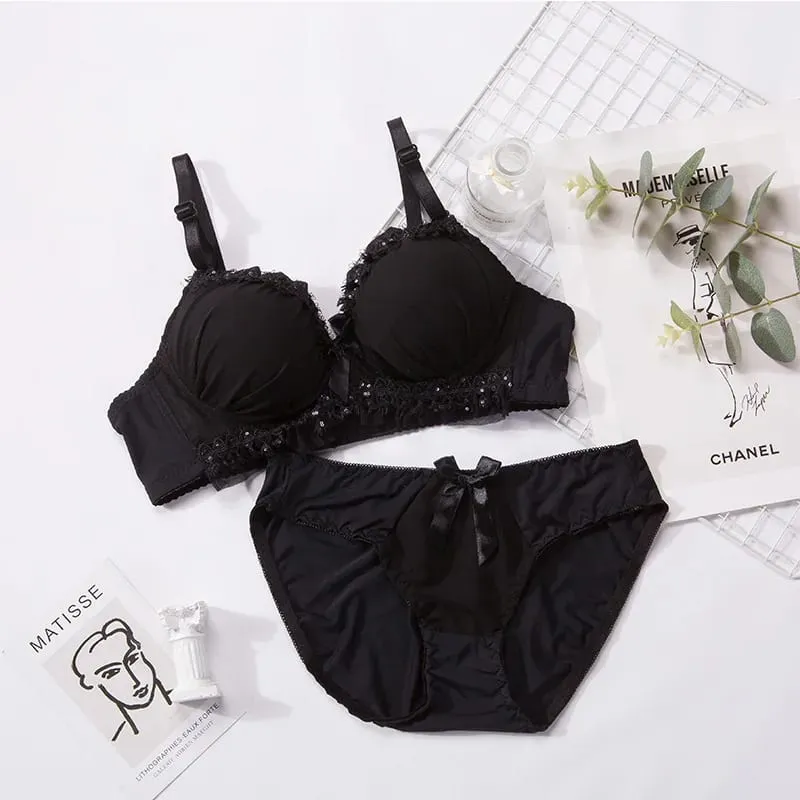 Damen-Dessous-Set, weiches Memory-Draht-Rüschen, Spitze, Schleife, Dekor, intimer Unterwäsche-Anzug, keine Pads, dünne, atmungsaktive, verstellbare Träger