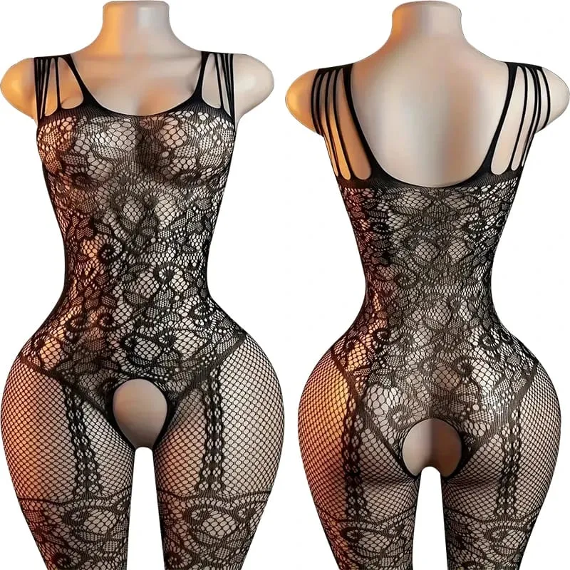 블랙 Fishnet 오프 어깨 오픈 가랑이 Bodystocking 란제리 세트 섹시한 가랑이없는 테디 브래지어 여성의 에로 속옷 — image 12