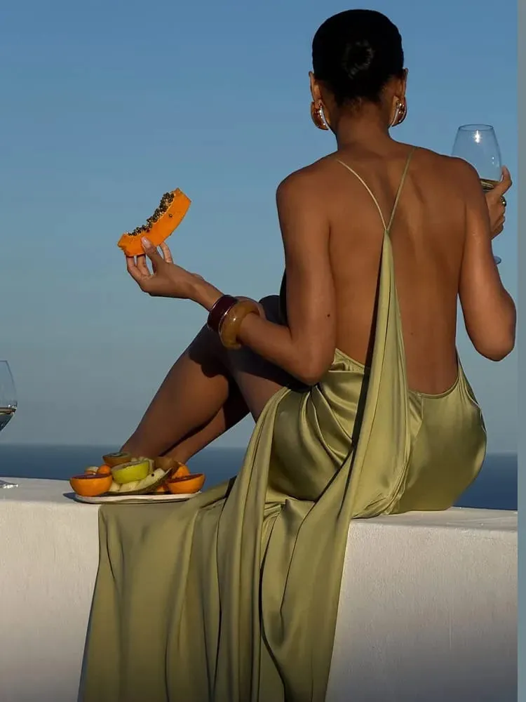 Robe longue élégante pour femmes, couleur unie, fendue sur le côté, dos nu, col en v, hanche, paquet de hanches, été automne, Robe de soirée, 2026 — image 3