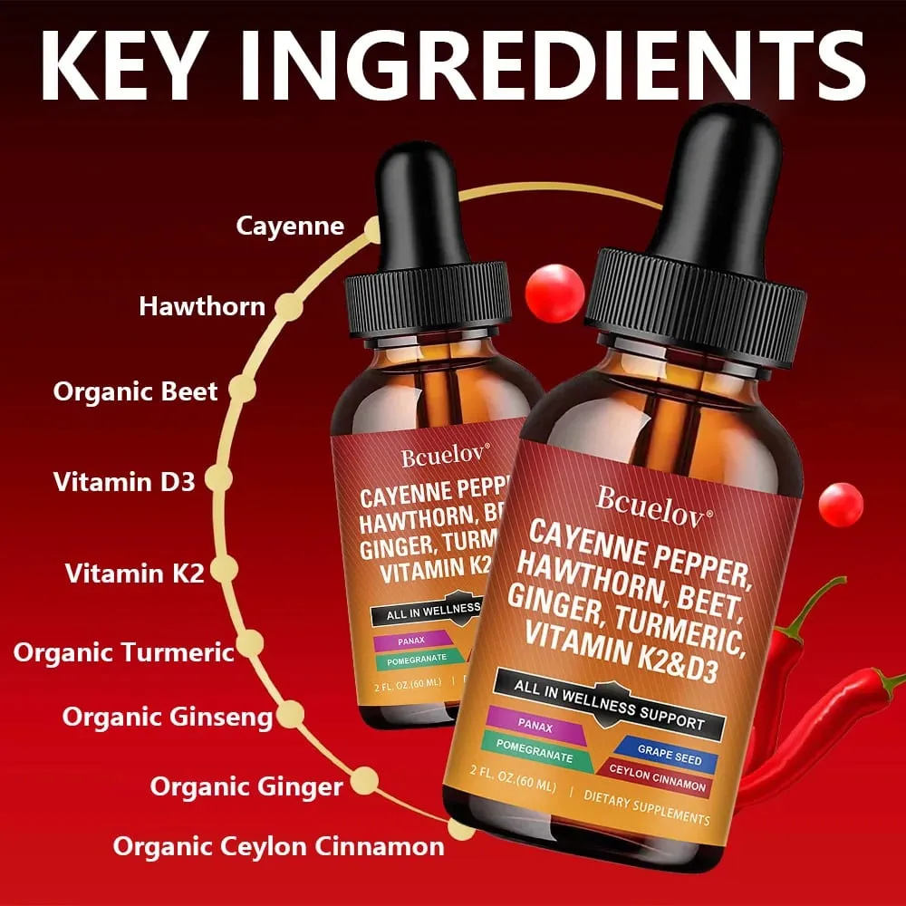 Cayenne Pepper Tekuté kapky + Hawthorn Vitamin D3 K2 Cejlonská skořice Kurkuma BIO doplněk k ženšenu pro zdraví střev — image 3