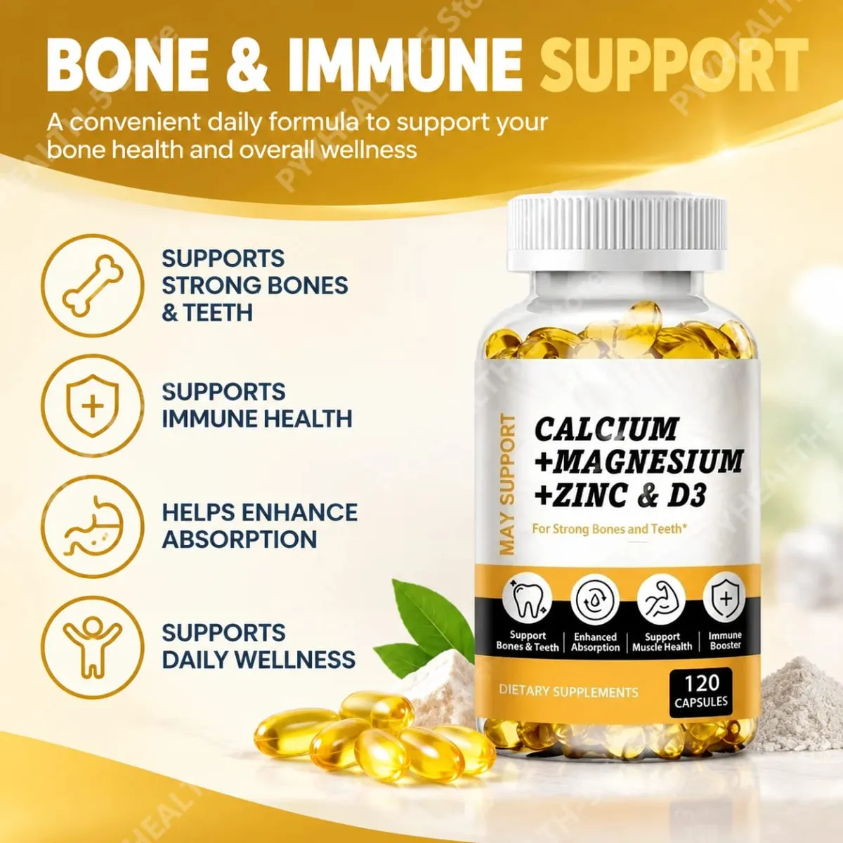 Calcium Magnesium Zinc Softgels Bone & Teeth Support Vitamin D3 Supplement Supports Muscle Health & Immune Function 120 Capsules — image 2