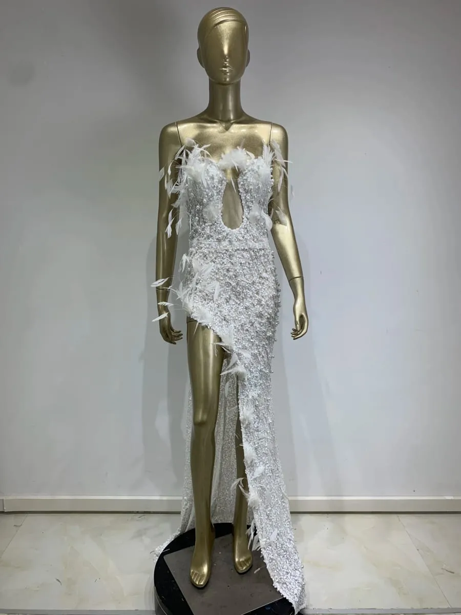 Luxus Sexy Liebsten Feder Pailletten Weiße Perle Maxi Lange Frauen Kleider Kleid 2024 Elegante Party Abend Bühne Leistung Kleid — image 2