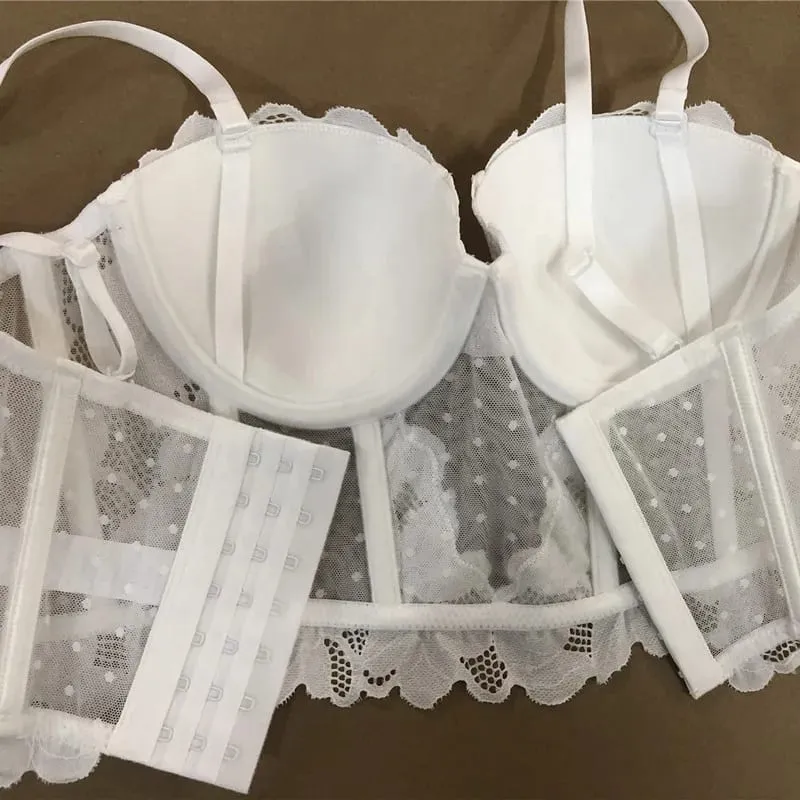 メッシュレースプッシュアップハーフカップブラジャーセット下着取り外し可能なストラップ付き 7 ブレストブロードサイドシェイプブラジャー女性美しいセクシーなランジェリー — image 4