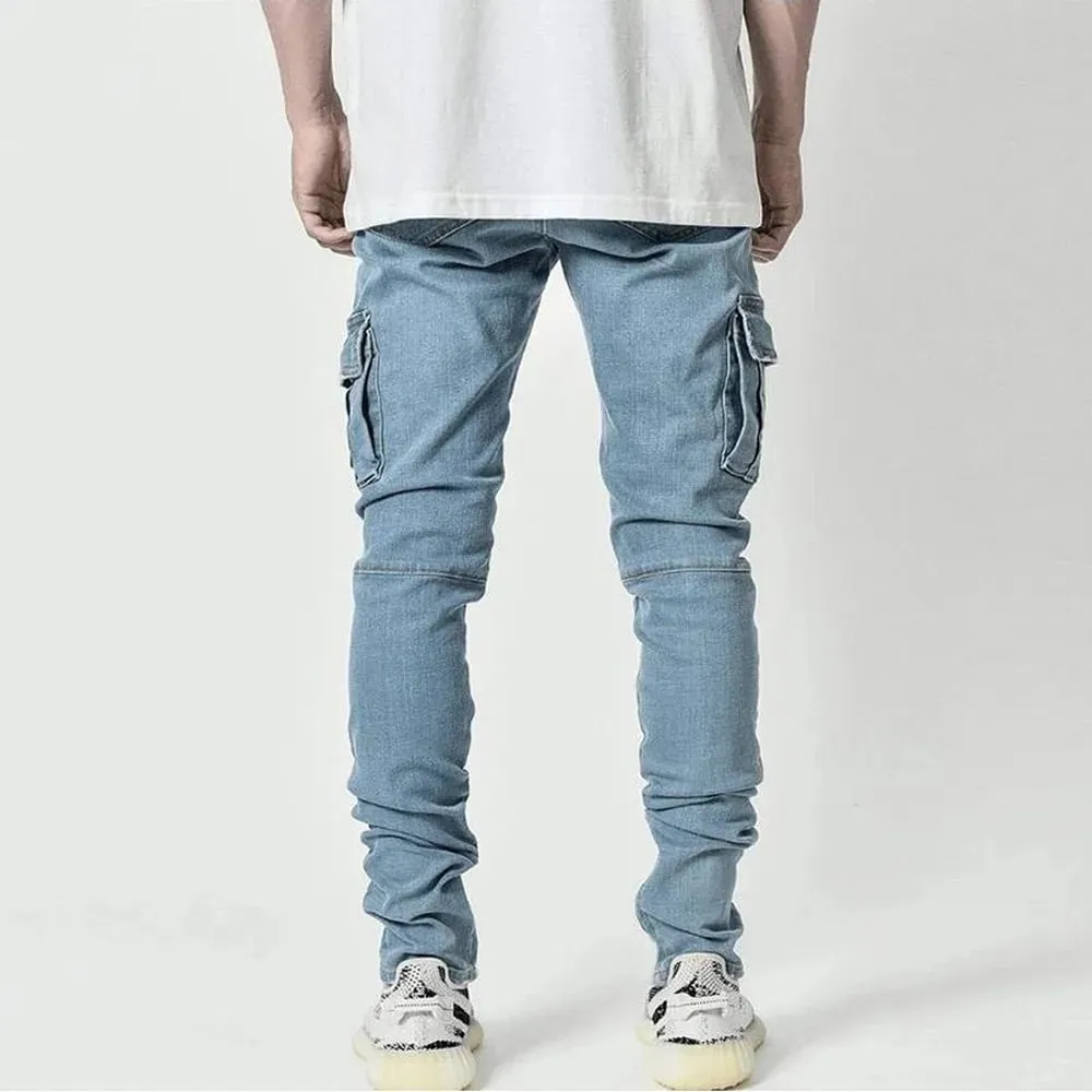 Jean élastique de rue pour hommes, pantalon Cargo en Denim, couleur unie, multi-poches, décontracté, taille moyenne, coupe cintrée, tenue quotidienne, jogging — image 4