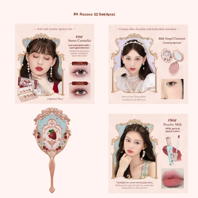 مجموعة مكياج من سلسلة فلاور نوز ستروبيري روكوكو، لوحة ظلال عيون لامعة غير لامعة، أحمر الخدود، مجموعة أحمر الشفاه المخملية، مجموعة عطور — image 8