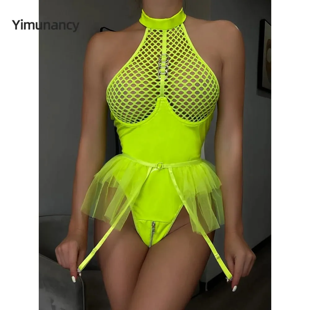 Yimunancy PU-Leder rückenfreier Bodysuit für Damen, 2-teilig, transparent, Neckholder, Mesn-Body, Ballkleid, Body Femme — image 2