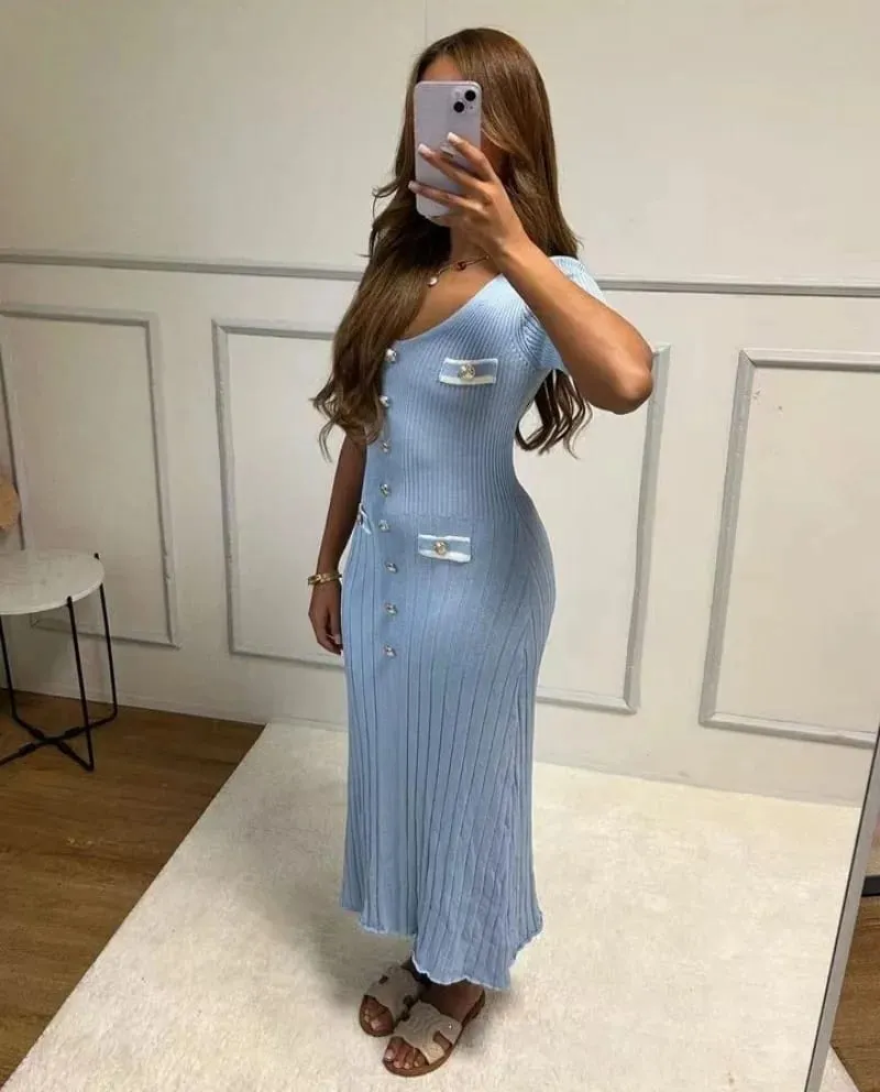 Elegante Gestrickte Maxi Kleider Bodycon Kurzarm Rüschen Einreiher 2025 Neue Kleid Casual Communte Streetwear Vestidos — image 4
