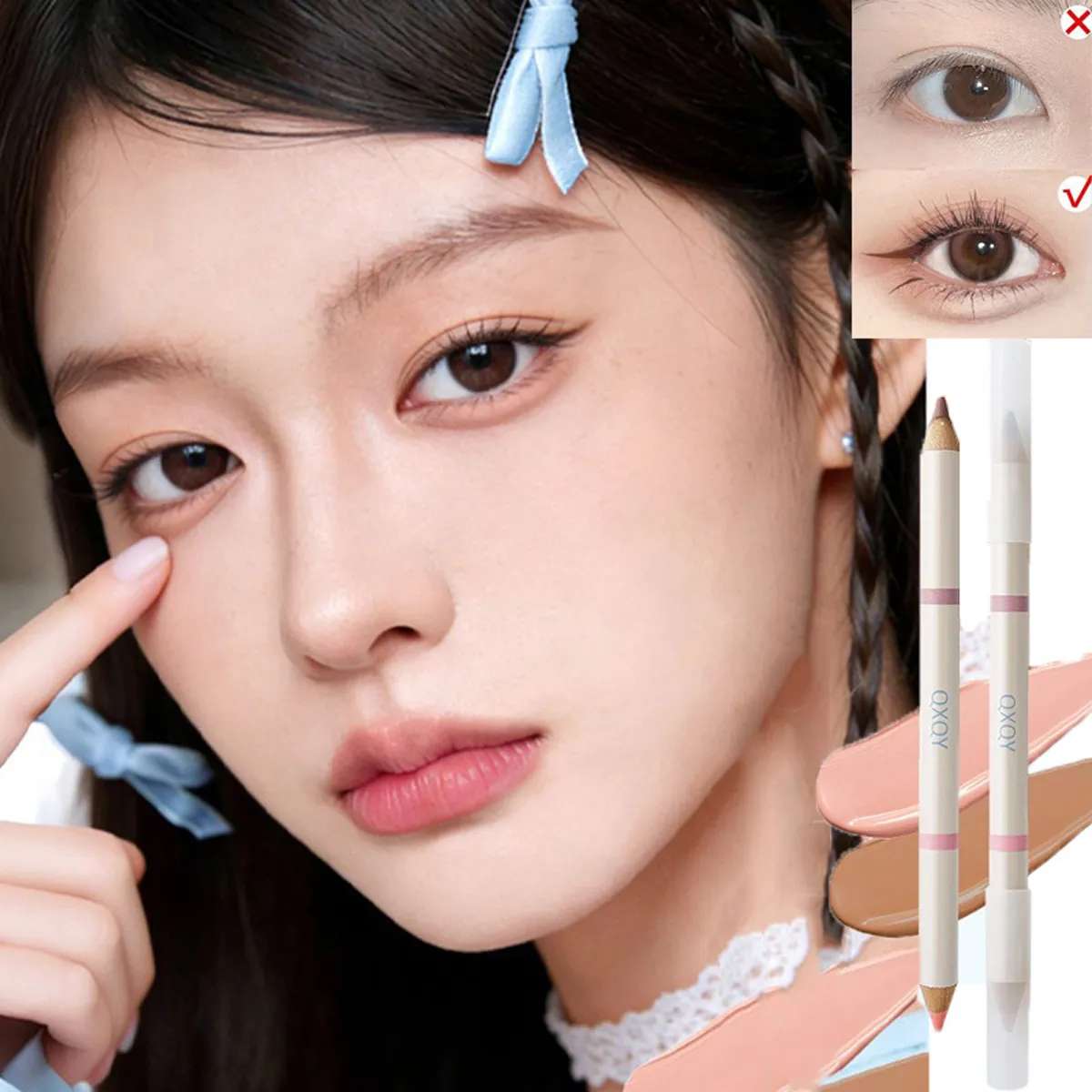 Double Tip Aegyosal Pensil Penyerlah Matte Bawah Mata Koyak Beg Pelapik Anak panah Pen Pembayang Mata Tongkat Make Up Korea Kosmetik Wanita — image 3