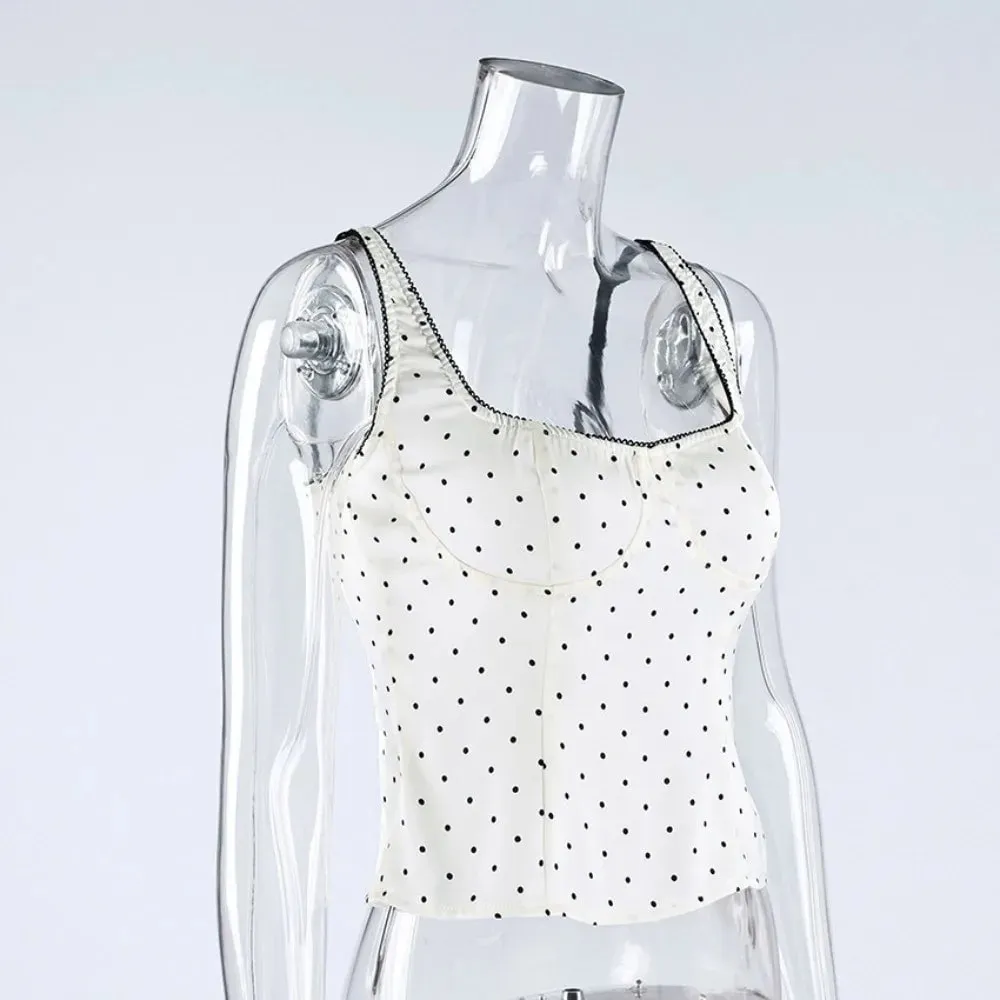 Street Chic สปาเก็ตตี้ Polka Dot Tank Top สแควร์คอ Slim Cropped แขนกุดผ้าไหมเสื้อกั๊ก Off-ไหล่ลูกไม้ Camis หญิง — image 5